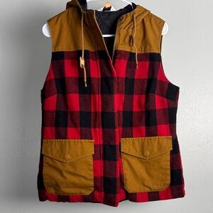 Orvis Men’s Red and Black Flannel Vest with Tan Canvas Details